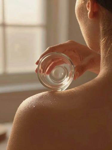 Close-up of warm hands gently placing a glass cupping cup on a back, soft golden-hour window light, warm terracotta tones, shallow depth of field, 35mm