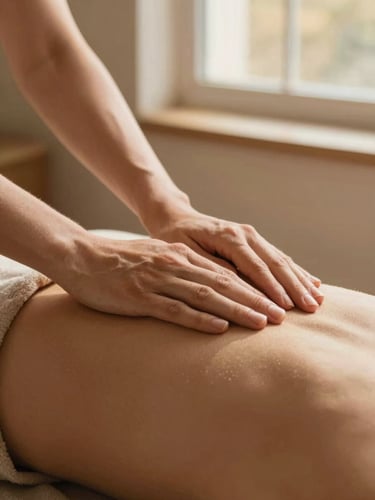 Close-up of gentle, warm hands-on somatic therapy, soft golden-hour window light, terracotta and sand tones, shallow depth of field