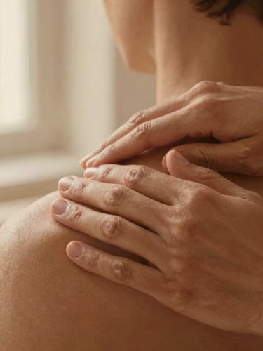 Close-up of warm hands gently practicing somatic therapy on a shoulder, soft golden light, focused on the healing touch, linen textures, shallow depth of field