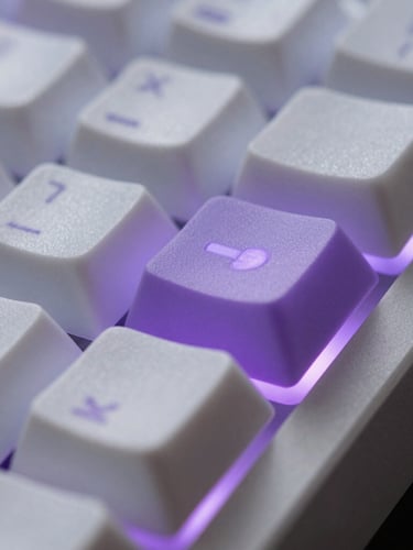Extreme macro close-up of a custom mechanical keyboard, frosted polycarbonate case, premium keycaps, subtle purple LED illumination from beneath, shallow depth of field, sharp focus on a single keycap