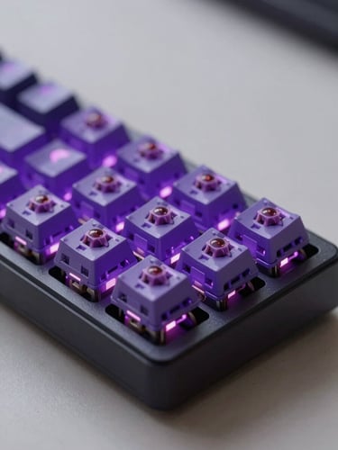 Macro portrait shot of custom mechanical keyboard switches with diffused violet LED backlighting, shallow depth of field, minimalist workspace environment.