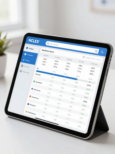 A high-fidelity dashboard preview showing NCLEX readiness scores, study streaks, and performance metrics on a modern tablet, bright editorial lighting.