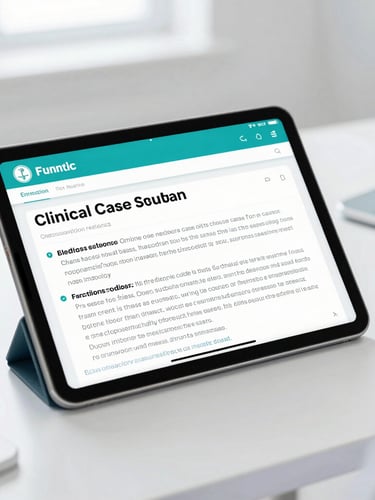 A high-fidelity digital tablet displaying a clinical case study question, clean medical interface with teal accents, bright natural daylight on a sterile white desk, shallow depth of field.