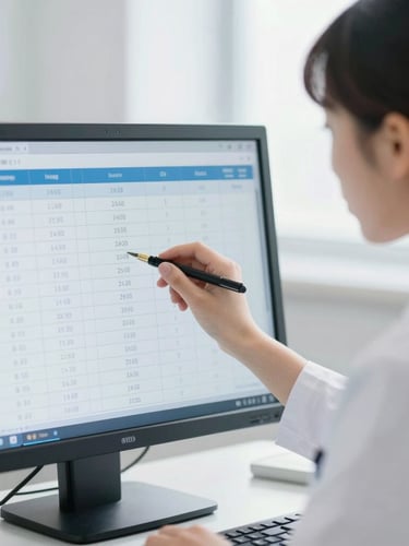 Eye-level medium close-up of a nursing student analyzing a performance chart on a monitor, bright clinical lighting, shallow depth of field.