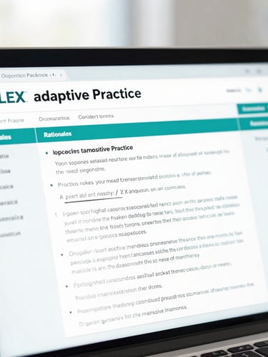 Direct, unskewed screenshot of a clean clinical dashboard showing NCLEX adaptive practice questions, detailed rationales, and progress charts, soft teal accents, bright daylight.