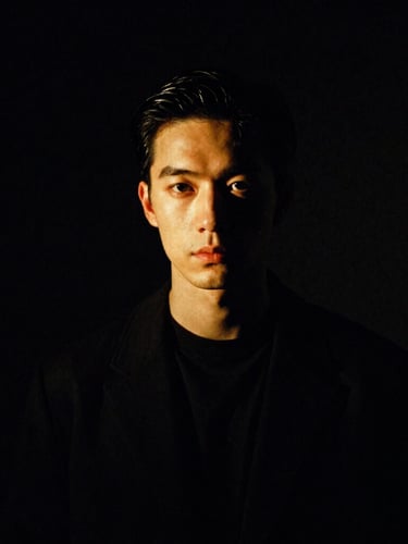 Dramatic low-key portrait of a designer working in a dark studio, high-contrast chiaroscuro lighting, warm gold accents, 35mm film grain