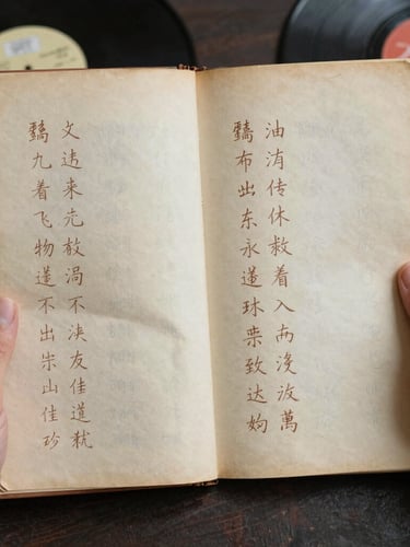 Close-up of hands carefully holding a delicate, aged Chinese clan manuscript under soft natural window light, showing paper texture.