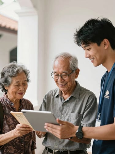 An elderly Singaporean clan leader smiling as he shows historical records on a modern tablet to a younger volunteer in a bright, airy heritage building.