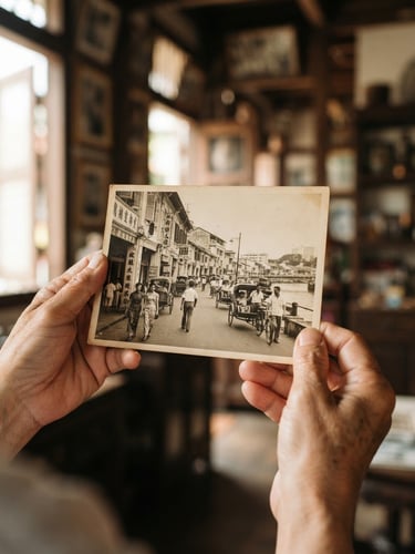 Close-up of hands holding a beautifully restored historical photograph from 1950s Singapore, soft natural daylight, warm indoor background showing traditional wooden shophouse frames