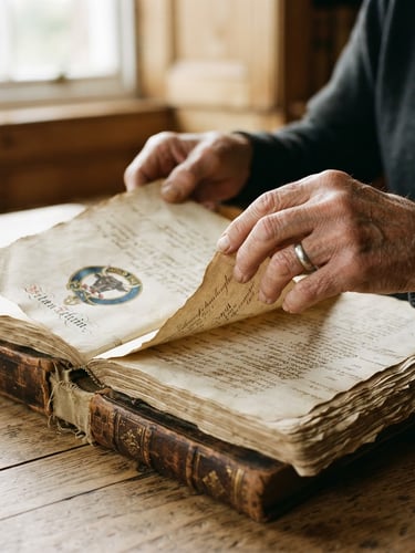 A close-up of aged hands carefully turning the pages of a hand-bound clan registry book, soft natural morning window light, warm paper textures