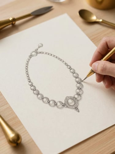 Overhead flatlay of a delicate hand sketching a jewelry design on handmade paper, surrounded by vintage brass goldsmith tools on a sunlit wooden workbench, soft cream tones.