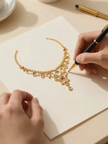 Overhead flatlay of hands sketching an intricate gold necklace design on handmade paper, warm sunlit studio daylight, soft champagne background, macro lens