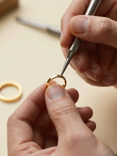 Macro photograph of a master jeweler's hands using a fine chisel on a gold ring, soft sunlit studio daylight, rich cream and gold tones, shallow depth of field.