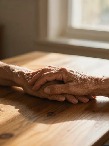 A close-up of a caregiver's hand gently holding an elderly client's hand on a sunlit wooden table, warm golden-hour window light, shallow depth of field, 35mm