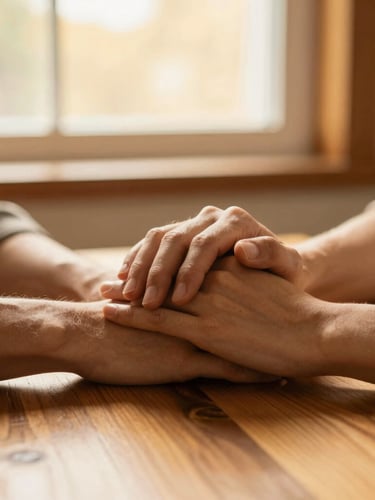 A close-up of two hands resting together on a warm wooden table, soft golden-hour window light, shallow depth of field, cozy editorial photography