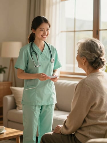 A professional female nurse in a soft green uniform talking warmly to an elderly woman in a cozy, sunlit living room, warm editorial photography, 35mm