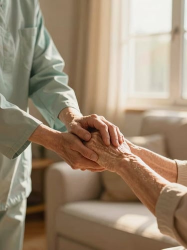 A warm, sun-lit living room where a caregiver in a soft green tunic gently holds the hand of an elderly woman, soft morning window light, shallow depth of field, 35mm