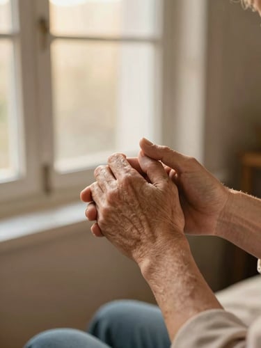 A close-up of a caregiver's hand gently holding an elderly person's hand, warm morning window light, soft domestic environment, shallow depth of field, 35mm