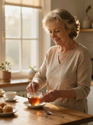A warm editorial photograph of a senior woman smiling softly as she prepares tea in a cozy kitchen, soft golden-hour window light, 35mm