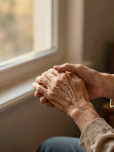 A warm editorial photograph of a caregiver gently holding an elderly hand near a sunlit window, cozy rich tones, shallow depth of field, 35mm