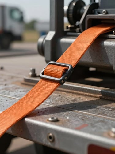 Macro shot of a heavy-duty orange tie-down strap tensioned over industrial machinery on a flatbed trailer, metallic textures, hard midday sun.