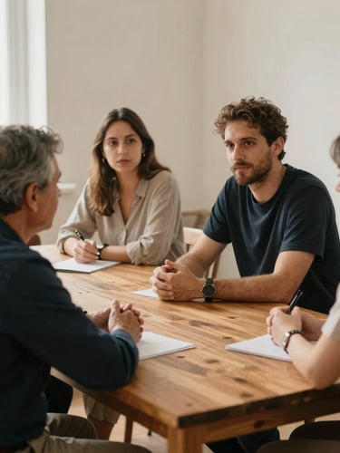 Medium-wide environmental shot of community leaders collaborating around a wooden table in soft natural daylight, muted earth tones, 35mm