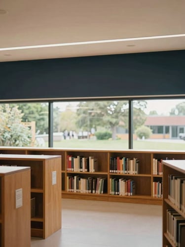 A wide-angle environmental photograph of a modern, sunlit community library interior, wood accents, large windows looking out to soft greenery, warm natural daylight, 35mm.