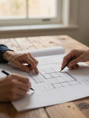 A close-up photograph of two pairs of hands reviewing architectural blueprints on a rustic wooden table, soft golden hour window light, warm editorial aesthetic, 35mm.