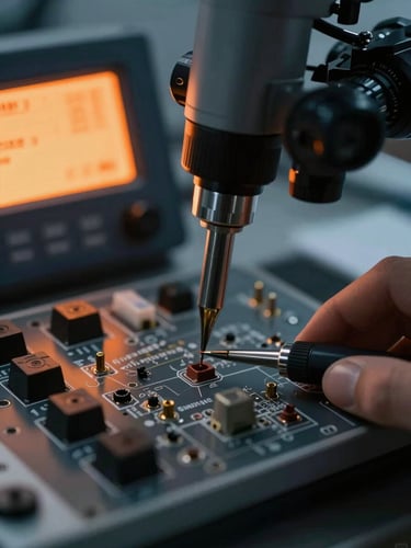 Macro close-up of high-precision electronic workbench, micro-soldering under a microscope, glowing diagnostic screen, cool laboratory lighting, deep slate and electric orange tones, high-contrast technical detail, 50mm lens