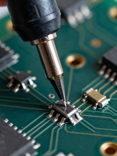 Macro close-up of a high-precision soldering iron tip touching a micro-resistor on a dark slate green circuit board, cool laboratory lighting, sharp focus on components, 50mm lens