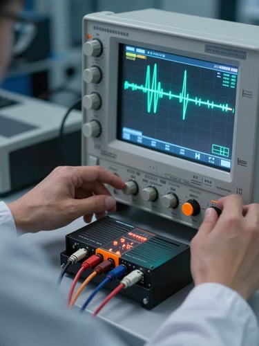 An electronics engineer in a clean slate-gray lab coat adjusting dials on an oscilloscope, glowing waveform on screen, complex servo drive connected to testing cables in the foreground, cool blue and orange tones