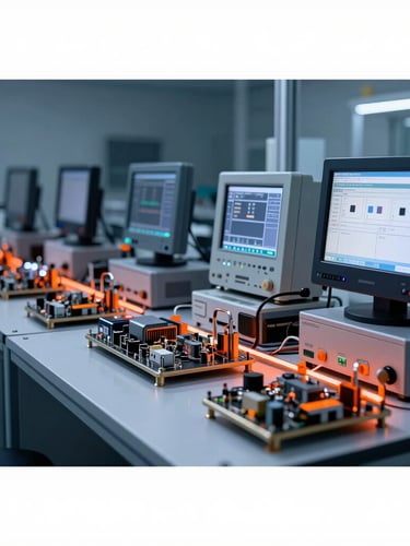 Wide clean shot of an organized industrial electronics testing bay, advanced diagnostic equipment with glowing screens, clean metallic tools, cool laboratory lighting, deep slate and electric orange tones, high-contrast technical detail, 50mm lens