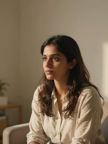 Soft-focus environmental portrait of Prajiya, a woman with thoughtful expression, sitting in a quiet, minimalist counseling room bathed in warm, low-contrast natural light, shallow depth of field, 35mm.