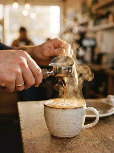 Close-up of hands gently pouring espresso into a ceramic mug, steam rising, warm golden hour light, blurred cafe background, tactile focus.