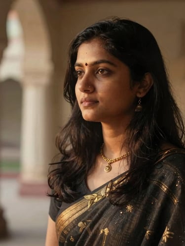 Soft-focus environmental portrait of Prajiya, the founder, in a quiet architectural space, warm low-contrast natural light, looking thoughtfully towards the left. Shallow depth of field.