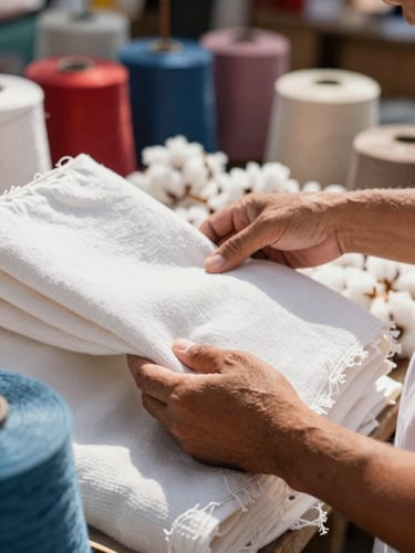 Close-up of a merchant hands inspecting high-quality cotton textiles in a vibrant market stall in Caruaru, bright natural sunlight, shallow depth of field.