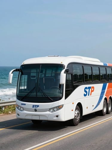 Wide environmental shot of a modern clean STP charter bus driving along a sun-drenched coastal highway in Rio Grande do Norte, bright daylight, blue ocean in the background.