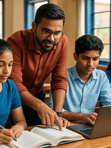 A professional close-up shot of a modern educational workshop in India, a mentor guiding young students with books and laptops, bright natural daylight, sharp focus, 35mm