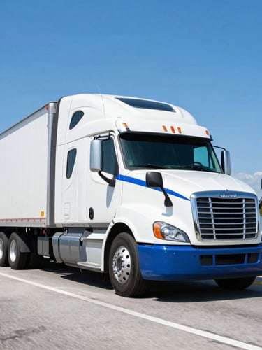 Dynamic low-angle shot of a pristine modern semi-truck with electric blue detailing on an open Florida highway, bright midday sun, high-contrast commercial photography, 35mm