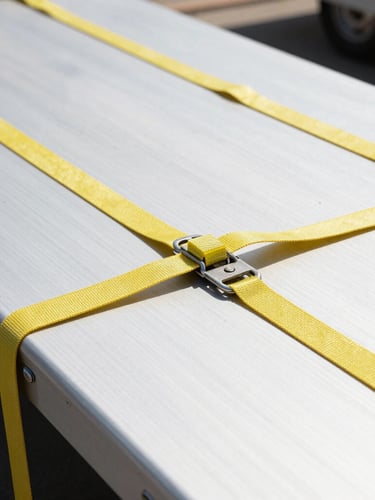 Close-up of clean flatbed cargo securing straps and heavy rigging under bright high-key daylight, crisp details, 35mm