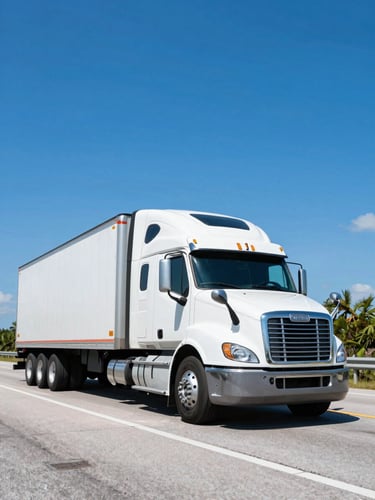 Dynamic low-angle shot of a clean modern semi-truck driving on a sunlit Florida highway, bright blue sky, crisp commercial photography, 35mm