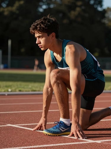 Vista de perfil bajo de un joven atleta de atletismo concentrado en la línea de salida, iluminación dramática de reflector lateral, sombras profundas, alta definición.