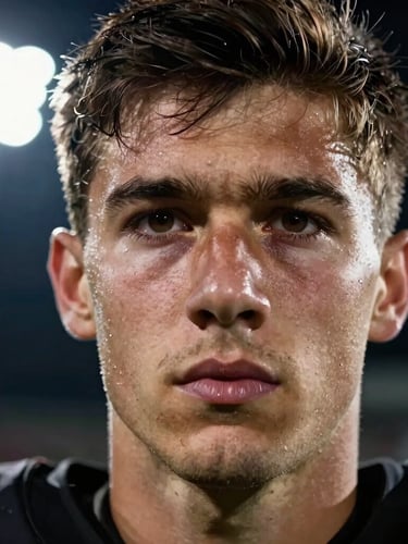 Extreme close-up of a young football player's intense gaze under stadium floodlights, dramatic side-lighting with rich blacks and high contrast.