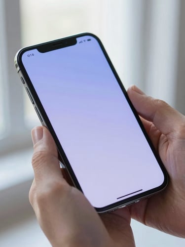 Close-up of hands holding a modern smartphone showing a clean interface, soft blue and purple lighting, shallow depth of field.