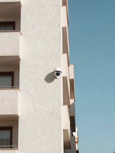 Straight-on architectural shot of a modern residential building facade in Alicante under bright Mediterranean daylight, a clean dome security camera mounted discreetly on the white concrete corner, negative space on the right.