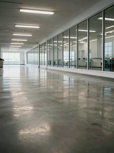 Wide-angle interior of a large commercial facility corridor — polished concrete floor reflecting cool overhead lighting, glass partitions along the right wall, no people present, shot from a low angle emphasising the gleaming surface stretching toward a vanishing point