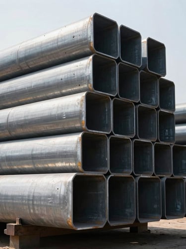 Low-angle heroic shot of stacked industrial steel pipes and structural beams in a bright, sunlit Keeladi warehouse yard, high-contrast metallic textures, 35mm lens