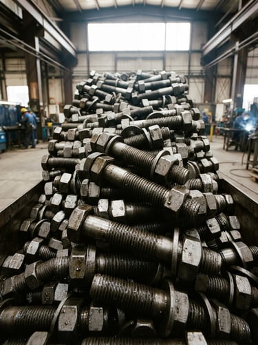 Low-angle heroic shot of stacked industrial steel bolts and heavy-duty fasteners, bright natural daylight, high contrast metallic textures, 35mm lens
