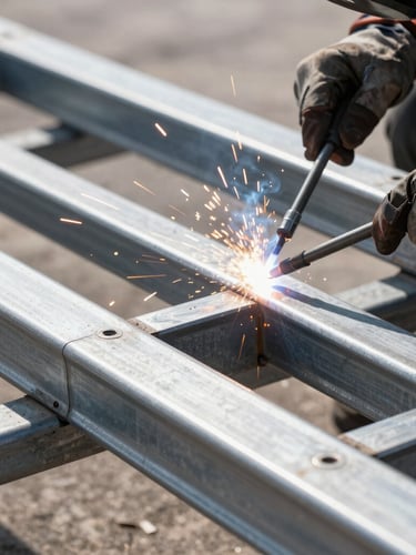 Close-up of a professional fabricator welding a steel pipe frame, bright natural daylight, sparks flying, high contrast metallic textures, sharp focus