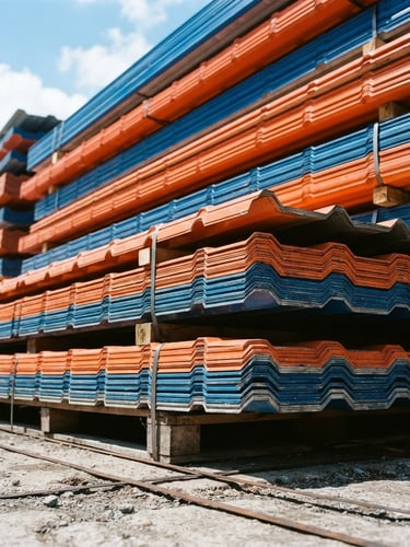 Low-angle architectural shot of stacked orange and blue color-coated steel roofing sheets, bright natural daylight, high contrast metallic textures, 35mm lens